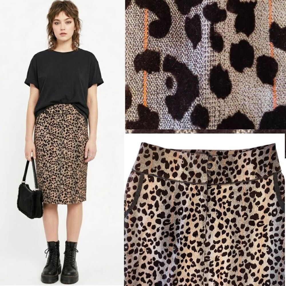 VTG Brown Leopard Velvet Burnout High Waist Fitted Skirt SZ 6 Orange Pinstriped